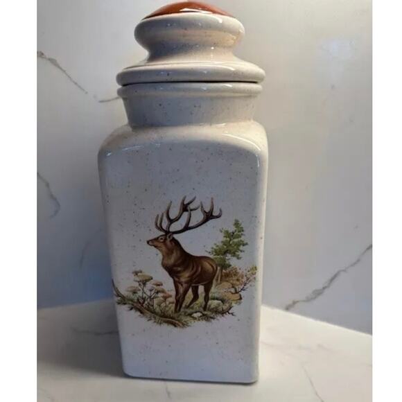 Rare Hunter Deer Buck Doe Speckled Canister/Jar/Cookie Jar Lid, Vintage 1970's - Picture 1 of 7